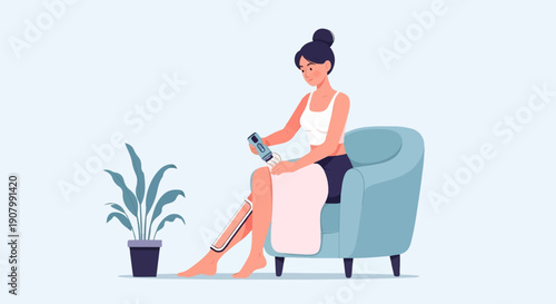 Woman in armchair uses electric epilator on leg, plant nearby