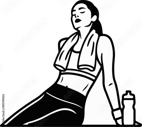 Woman in athletic wear relaxing after workout with towel and water bottle