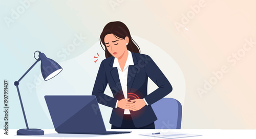 Woman in business attire clutches stomach in pain at office desk