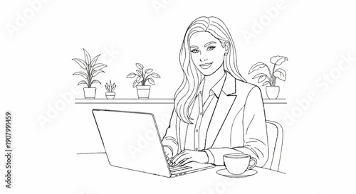 Woman in business attire working on a laptop with plants and coffee