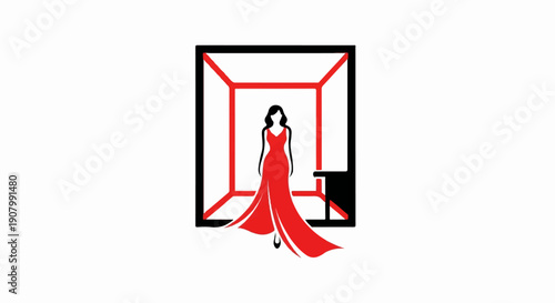 Woman in elegant red gown stands in minimalist stage or room setting