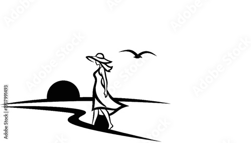 Woman in hat walking by the sea with sun and birds