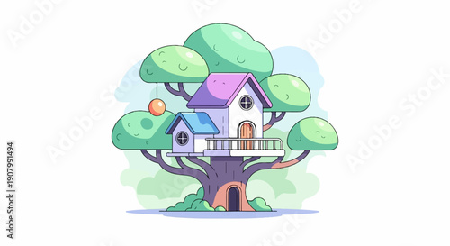 Whimsical treehouse with two houses and a swing on a large tree