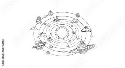 Whimsical solar system with planets, cities, clouds, and flying saucers