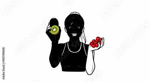 Woman in sportswear holds kiwi and cherries, promoting healthy eating