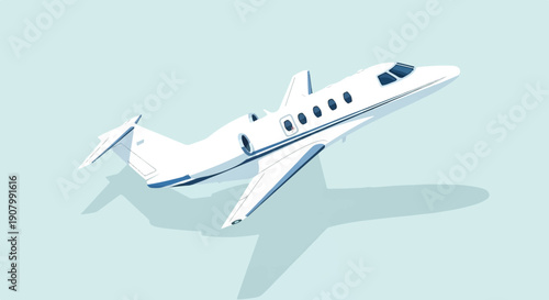 White private jet with blue accents ascends against a pale blue sky