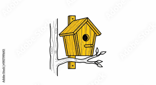 Yellow birdhouse mounted on a tree branch