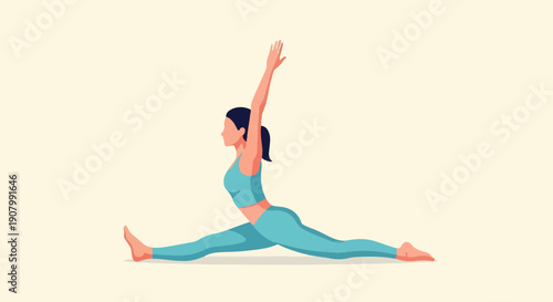 Woman in teal athletic wear performs a low lunge yoga pose