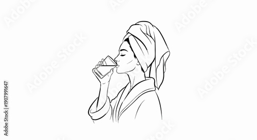 Woman in towel and robe drinks water from glass after spa treatment