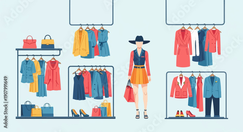 Woman in stylish outfit stands amidst racks of trendy clothing