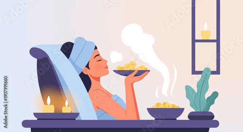 Woman in towel smelling steaming bowl of food in a relaxing spa setting