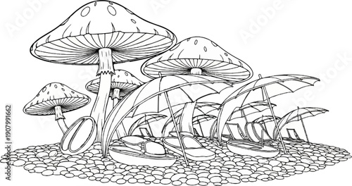 Whimsical oversized mushrooms and beach umbrellas create a surreal relaxation scene