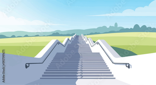 Wide staircase ascends toward rolling hills under a cloudy sky