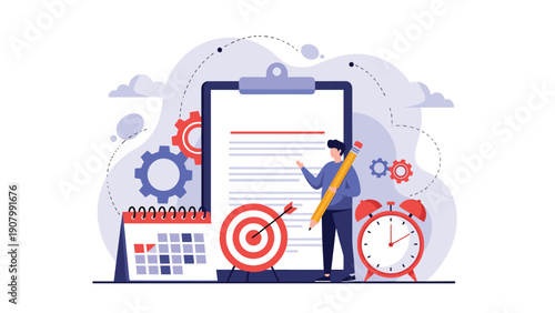 Professional man holding a giant pencil while managing tasks with a checklist, target, calendar, and alarm clock for efficient time management.