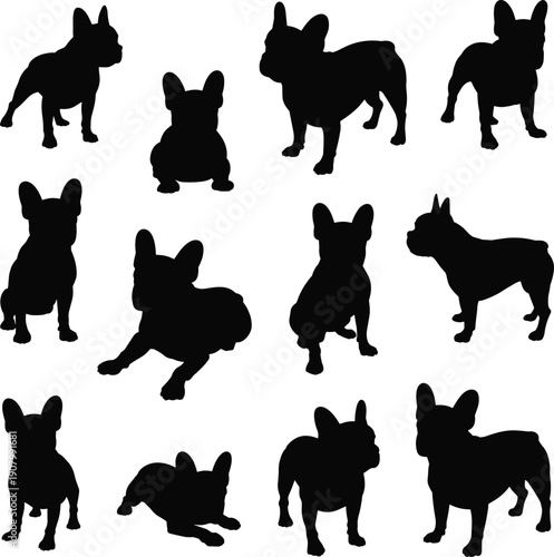 French Bulldog silhouettes collection, dog poses, sitting, standing, lying down, motion stances, compact body, pet vector illustration artwork design