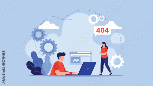 Web design showing a 404 error page not found message with characters working on a laptop and website interface surrounded by gears.