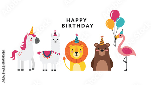 Collection of cute cartoon animals including a unicorn, llama, lion, bear, and flamingo wearing party hats for a happy birthday celebration.