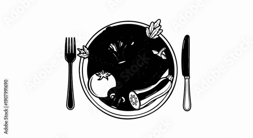 Whimsical illustration of a plate of fresh vegetables with cutlery