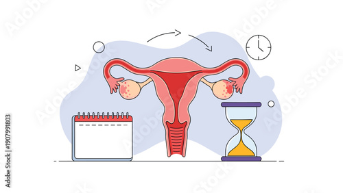 Medical illustration of the female reproductive system uterus and ovaries with a calendar, hourglass, and clock representing biological time.