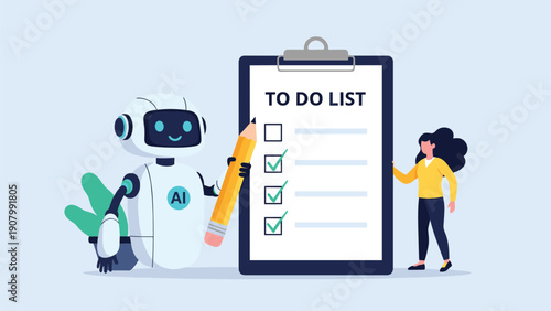 Friendly artificial intelligence robot using a pencil to check off completed tasks on a to do list with a woman standing by.