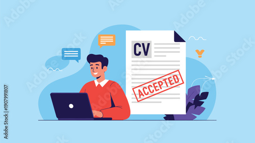 Happy man working on a laptop next to a giant CV document with a red accepted stamp representing successful job application.