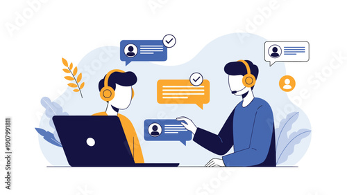 Two professional customer support representatives with headsets working at their laptops and communicating via chat bubbles and icons.