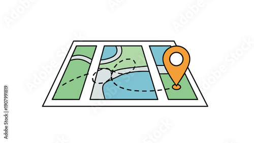 Cartoon illustration of a folded map showing a travel route with a dashed line and a large orange location pin marker icon.