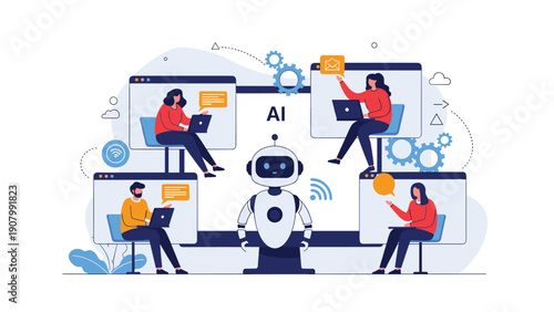 Group of people and an artificial intelligence robot participating in a virtual meeting via video conference screens and digital icons.