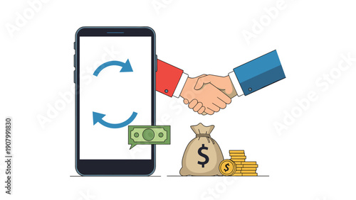 Business handshake taking place next to a smartphone showing a transfer icon with money bags and gold coins representing a deal.