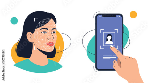 Biometric face recognition technology showing a scanning grid on a woman's face and a corresponding profile on a smartphone screen.