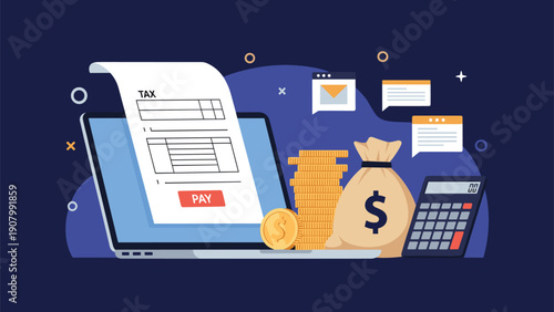 Online tax payment concept with a tax form on a laptop screen next to stacks of coins, a money bag, and a calculator.