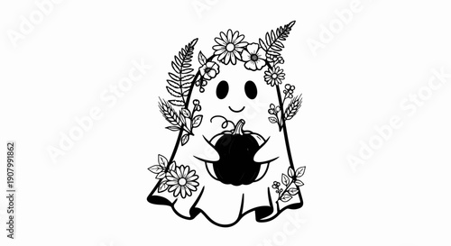Whimsical ghost with floral adornment holding a plump pumpkin