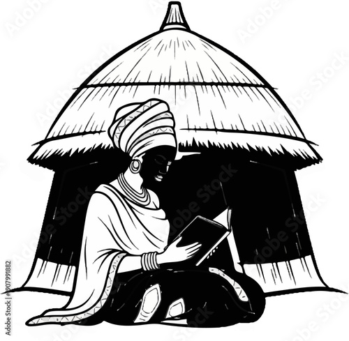 Woman in traditional attire reads a book under a thatched roof hut