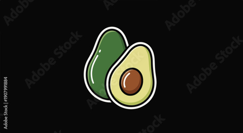 Vibrant green avocados, one whole and one halved with a brown pit, isolated on black