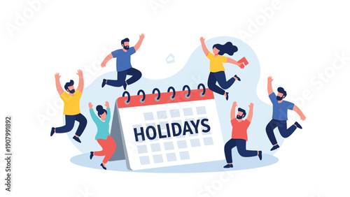 Diverse group of people celebrating and jumping with joy around a calendar marked with a holiday schedule for vacation time.