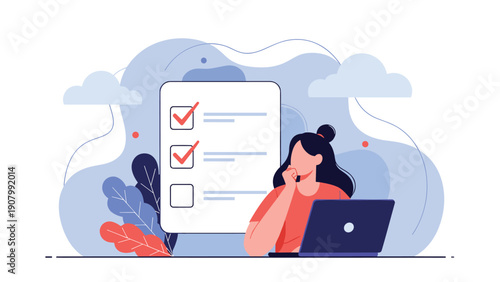 Professional woman sitting at her laptop while contemplating a large digital checklist with several tasks marked as complete.