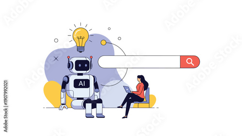 Creativity and innovation concept showing a woman working at a laptop next to an AI robot with a bright light bulb idea.
