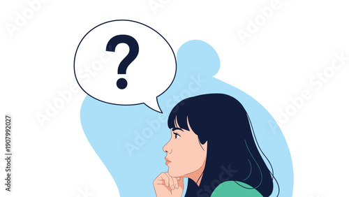 Side profile of a woman thinking deeply with a large question mark in a thought bubble to represent searching for answers.