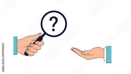 Detailed investigation concept showing a hand with a magnifying glass searching for answers or evidence in an open palm.