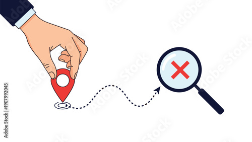 Navigation concept showing a hand placing a location pin on a path that leads to a wrong destination or lost signal.
