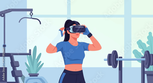 Woman in VR headset exercising in a gym with equipment