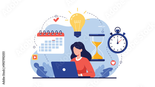 Efficient time management concept featuring a woman working at a laptop with a light bulb calendar hourglass and stopwatch.