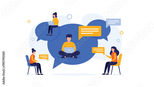 Remote team collaboration showing diverse professionals working on laptops while communicating through large chat bubbles.