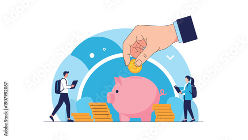 Financial planning concept with large hand depositing coin into piggy bank while people manage savings and wealth near stacks of gold coins.