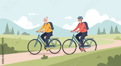 Two elderly people cycling along a scenic path with mountains in background
