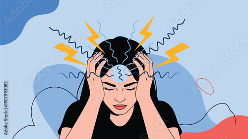 Stressed woman suffering from severe headache or migraine holding her head with hands while lightning symbols represent mental pressure and pain.