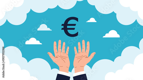 Financial hope concept featuring human hands reaching up towards large euro currency symbol floating among white clouds in bright blue sky.