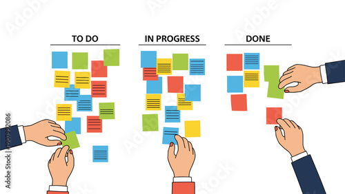 Professional team managing project tasks using kanban board with colorful sticky notes categorized as to do, in progress, and done on wall.