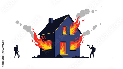 Emergency scene of residential house engulfed in flames with smoke while people observe and document fire disaster using cameras and smartphones.