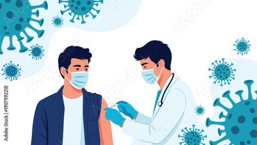 Medical professional in mask and gloves performing vaccination procedure on patient in front of blue background with virus illustrations.